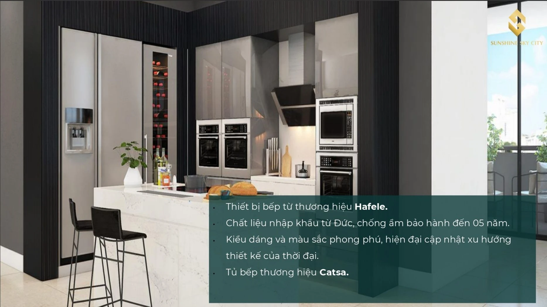 Khu vực bếp tại Sunshine City Sài Gòn sử dụng 100% thiết bị bếp từ thương hiệu Hafele của Đức