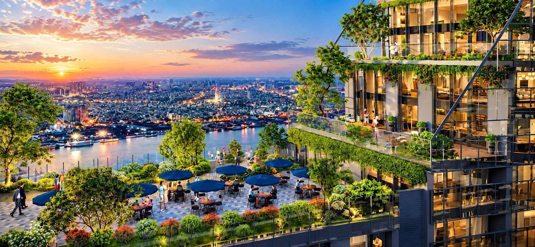 Khu vực sân thượng trồng nhiều cây xanh với các bàn cafe ngoài trời dưới ánh hoàng hôn