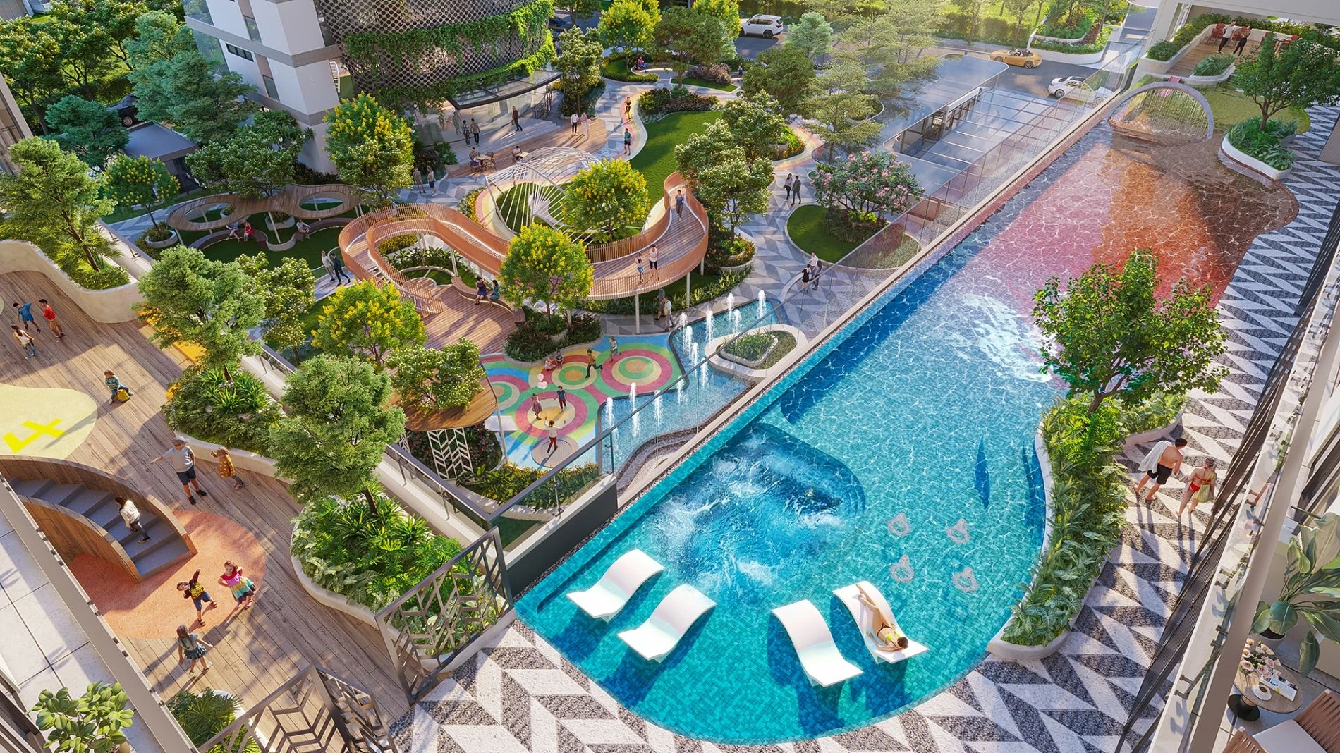 Hồ bơi trẻ em an toàn kết nối trực tiếp với khu vui chơi tại Urban Green