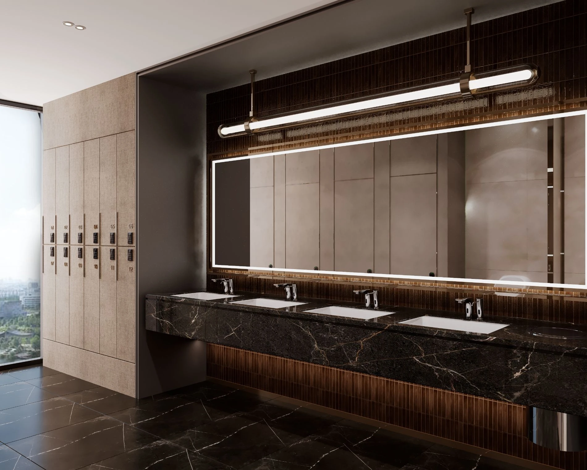 Không gian tủ đồ Locker và phòng vệ sinh ốp đá sang trọng tại The Westique Residences.