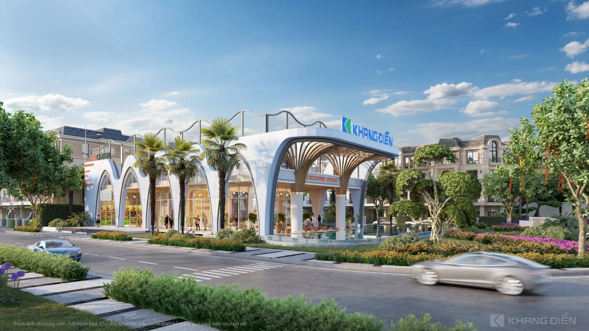 Thiết kế kiến trúc tân cổ điển của khu vực nhà điều hành và clubhouse tại The Classia Khang Điền