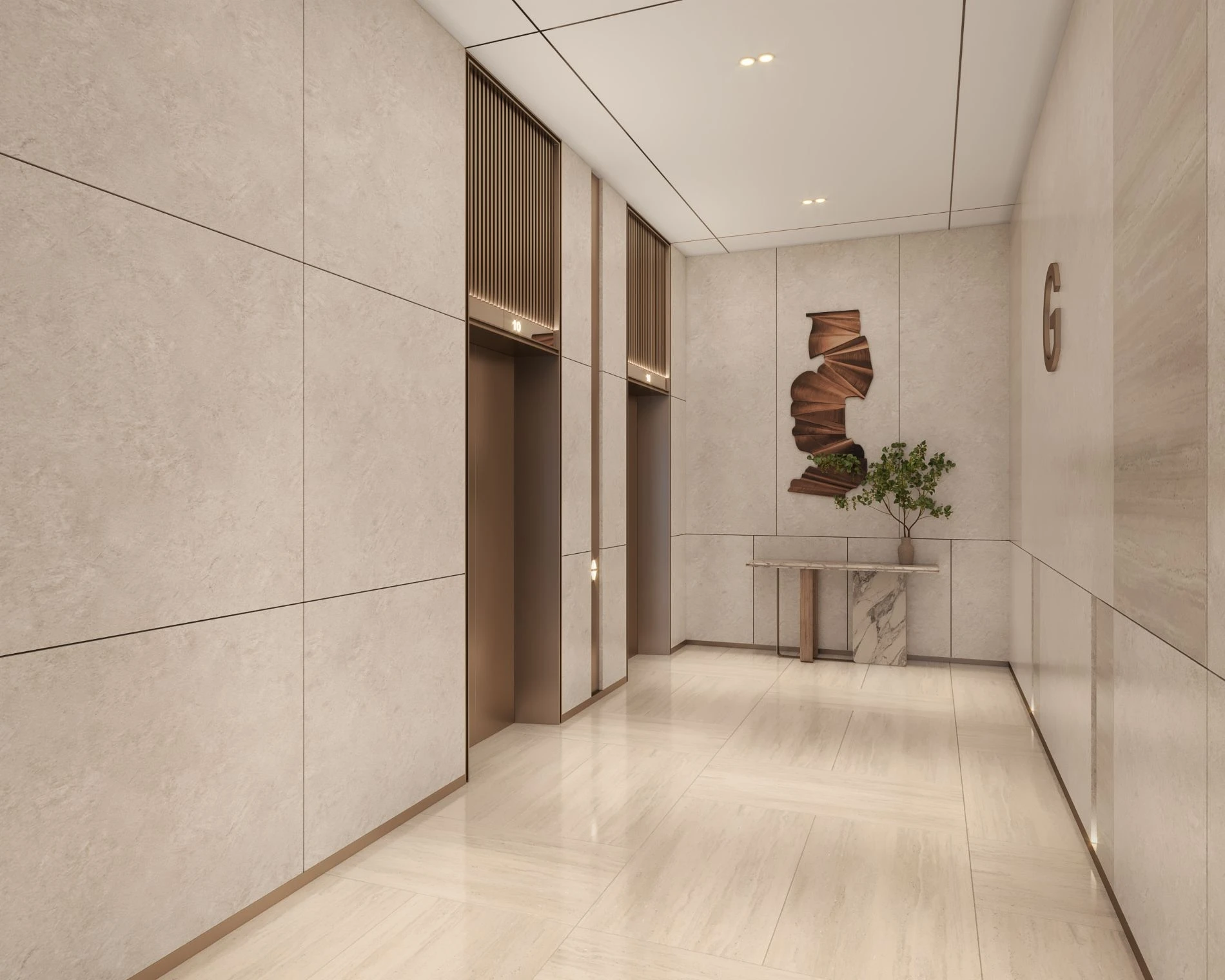 Hành lang và sảnh chờ thang máy ốp đá sang trọng tại The Westique Residences.