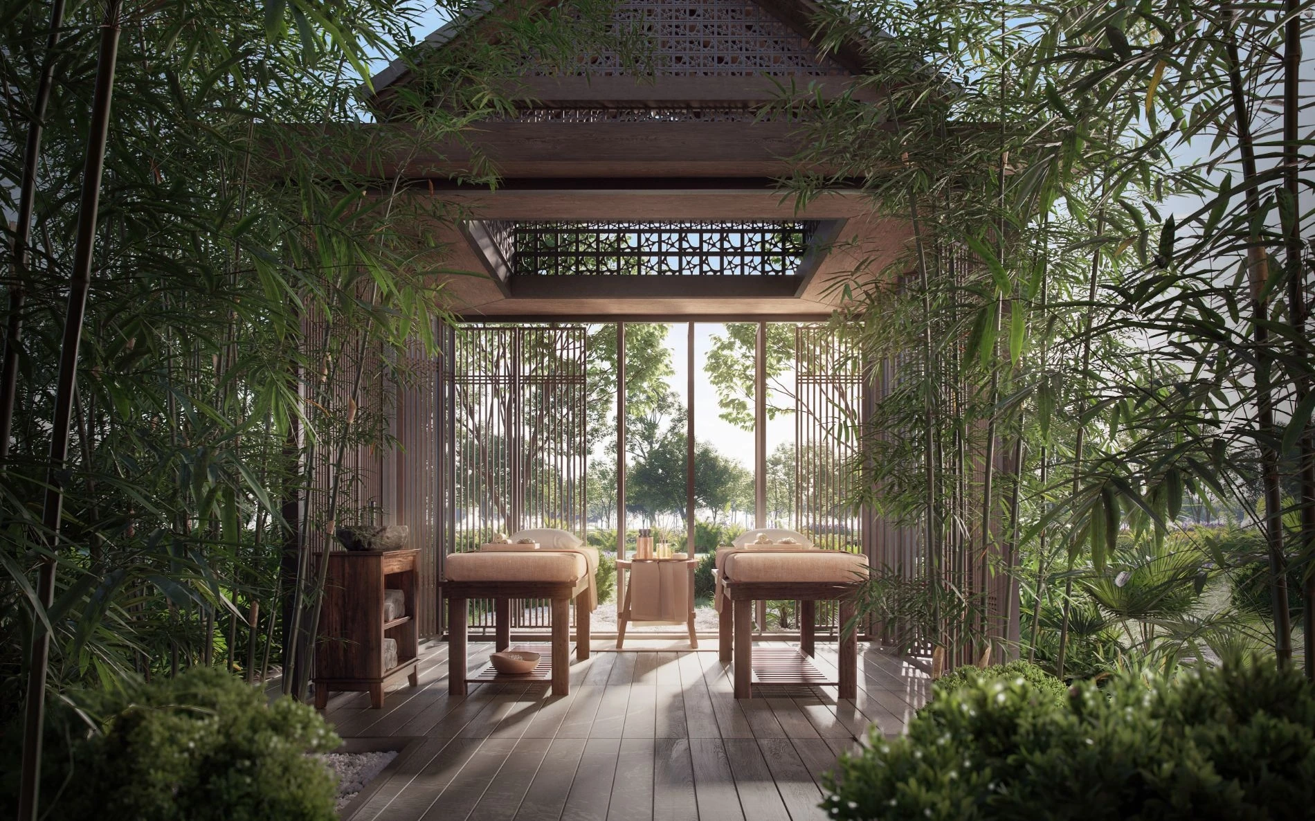 Phòng spa trị liệu với thiết kế mở, bao quanh bởi rặng tre xanh mát tại Onsen Village