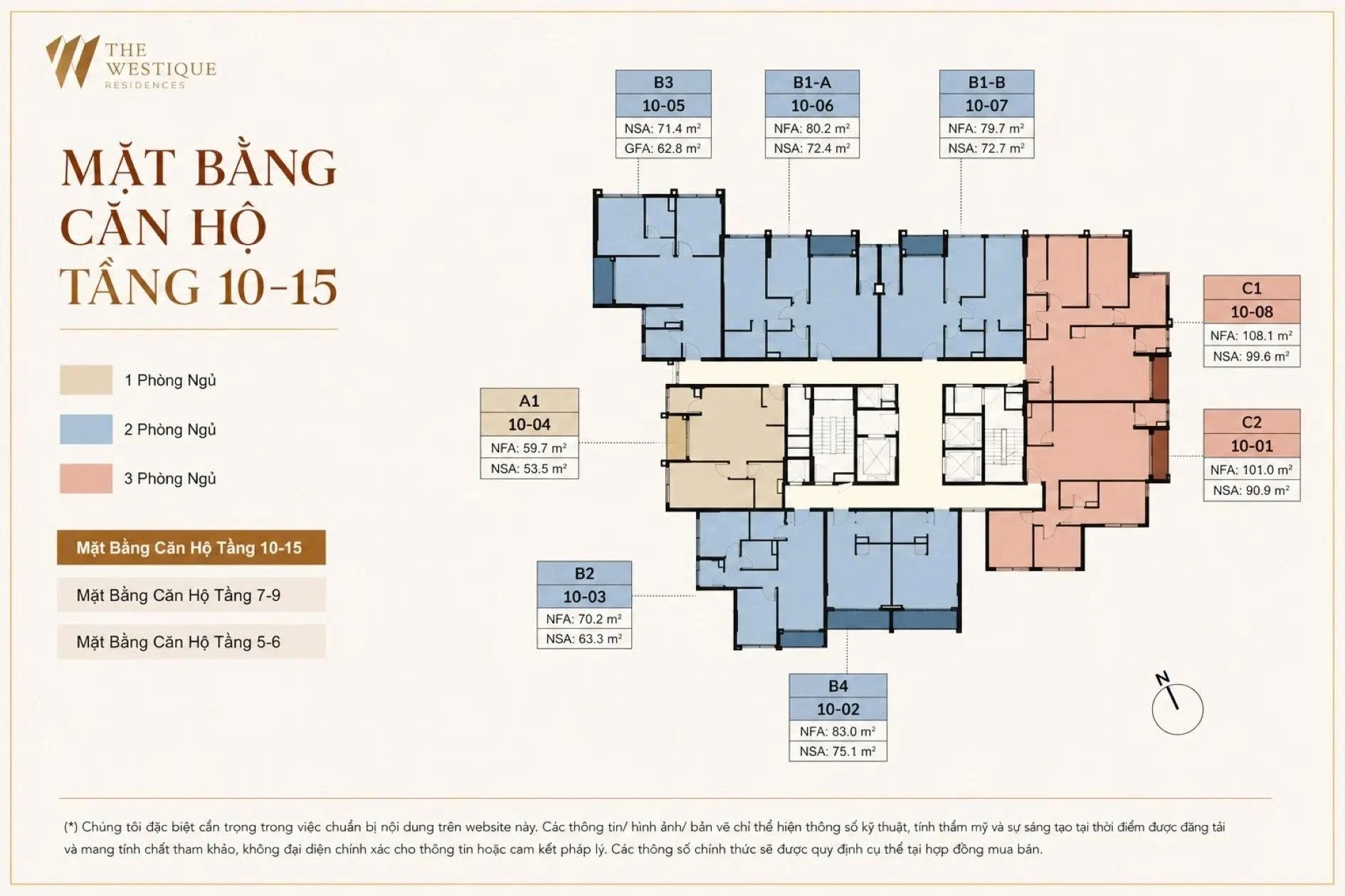 Sơ đồ mặt bằng tầng 10 đến 15 dự án The Westique Residences với mật độ thấp nhất chỉ 8 căn hộ