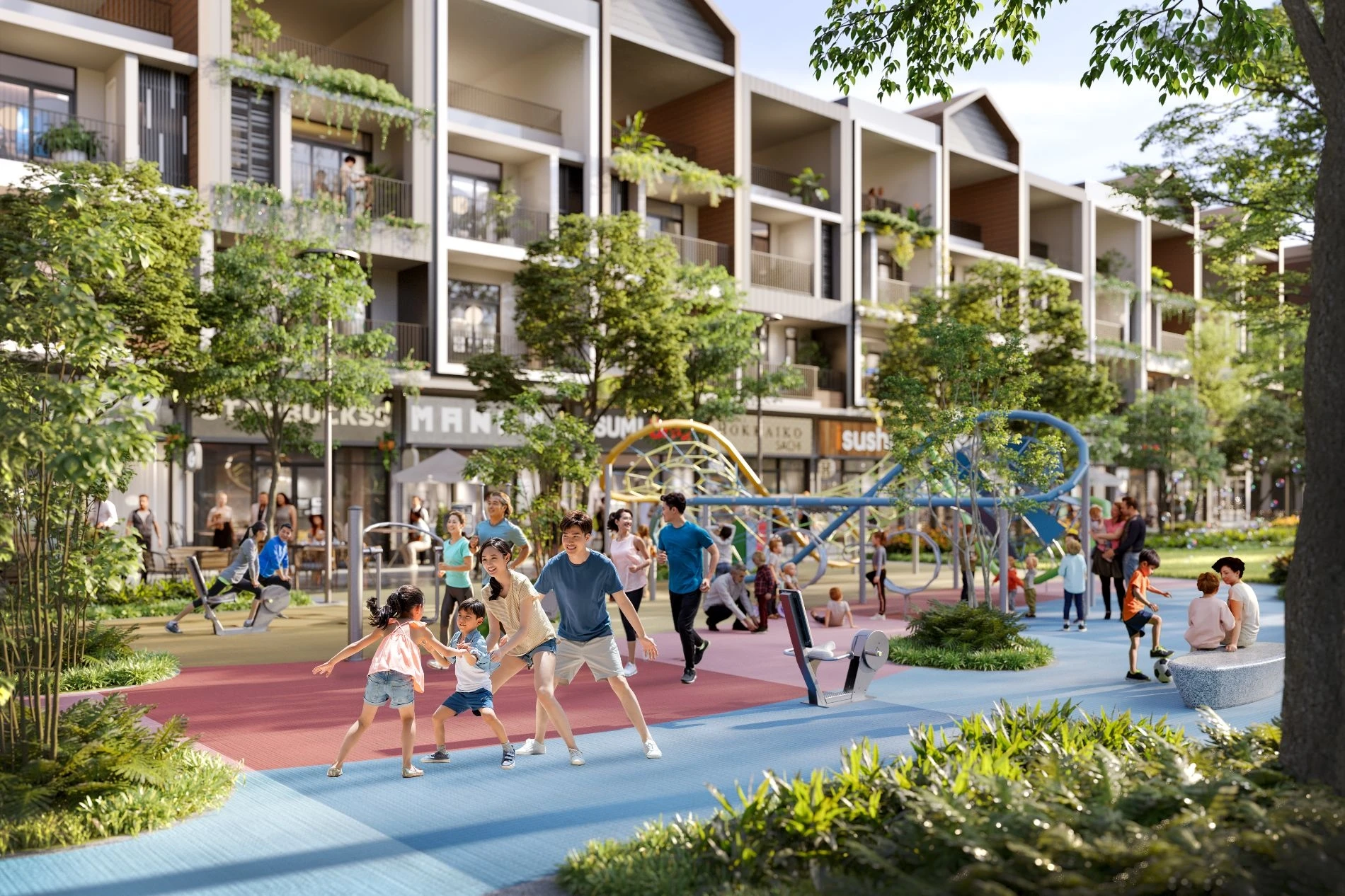 Trẻ em thỏa sức nô đùa tại khu vui chơi ngoài trời an toàn của dự án Artisan Park