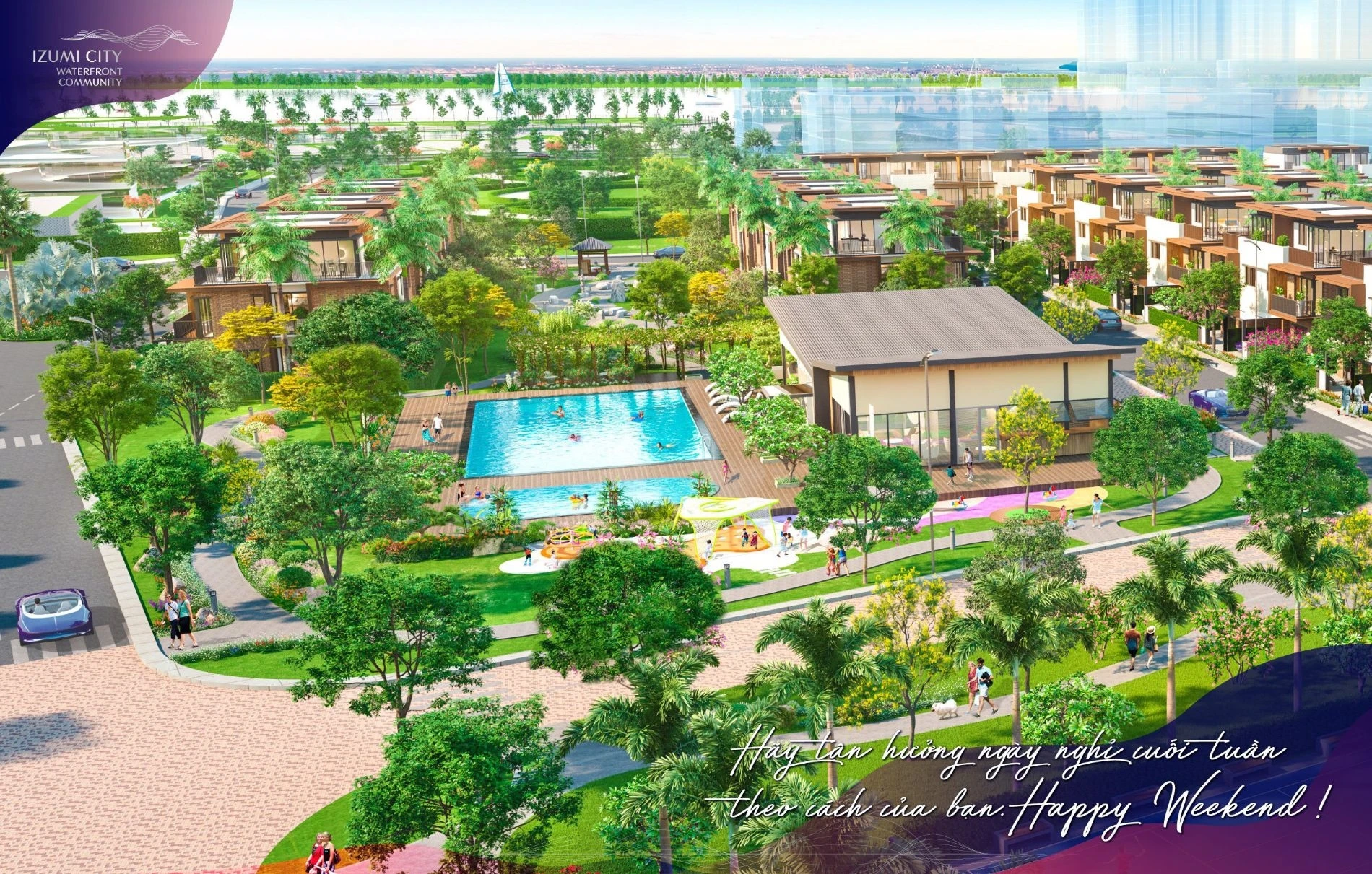 Trẻ em vui đùa tại khu vui chơi ngoài trời cạnh hồ bơi dự án Izumi City