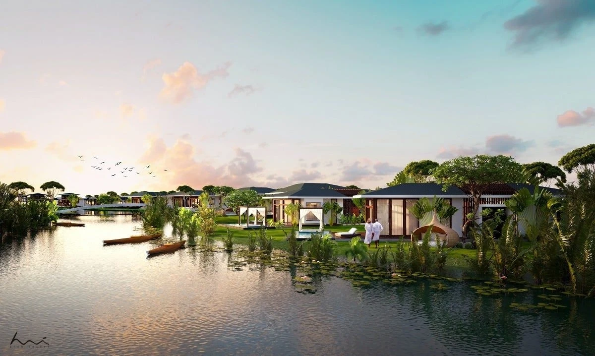 Cảnh quan các căn biệt thự nghỉ dưỡng ven sông lúc hoàng hôn tại Eco Village Saigon River