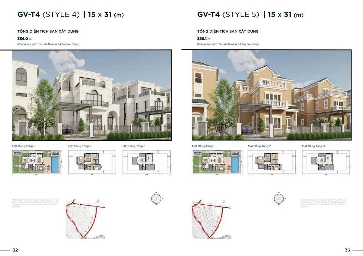 Thiết kế chi tiết biệt thự GV-T4 Style 4 và 5 diện tích 15x31m tại Aqua City Đồng Nai.