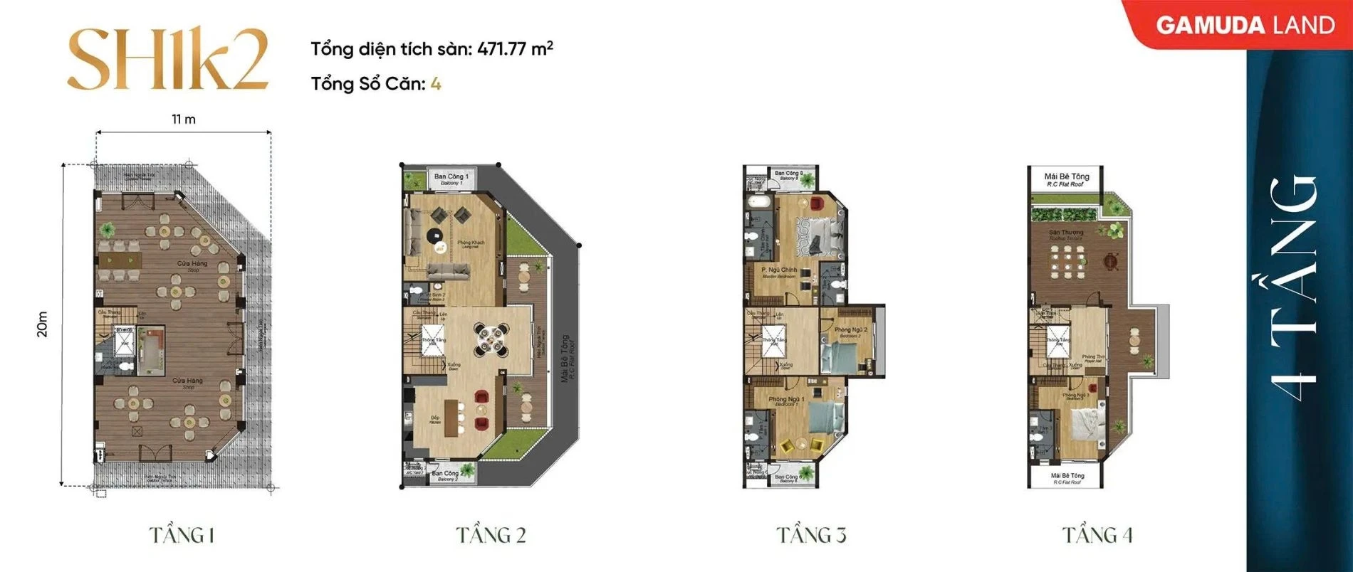 Layout thiết kế mặt bằng các tầng của mẫu shophouse góc SH1k2 diện tích 471.77 m2