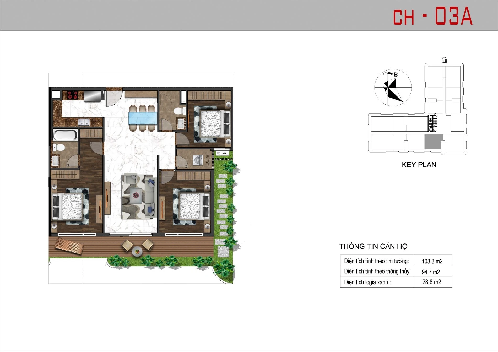 Layout thiết kế căn hộ 03A loại 3 phòng ngủ diện tích 103.3 m2 dự án Sunshine Horizon