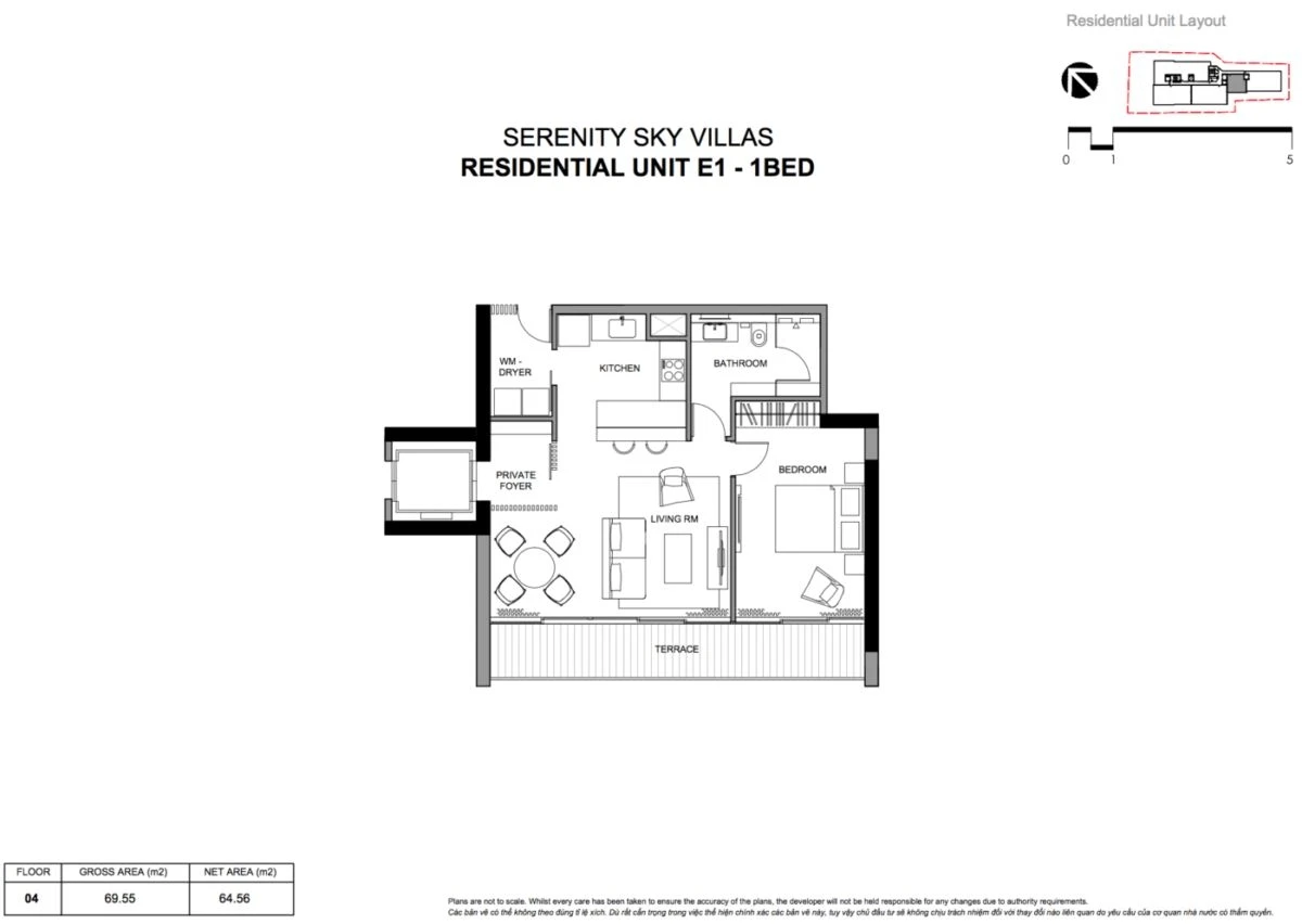 Thiết kế mặt bằng căn hộ 1 phòng ngủ loại E1 tại dự án Serenity Sky Villas
