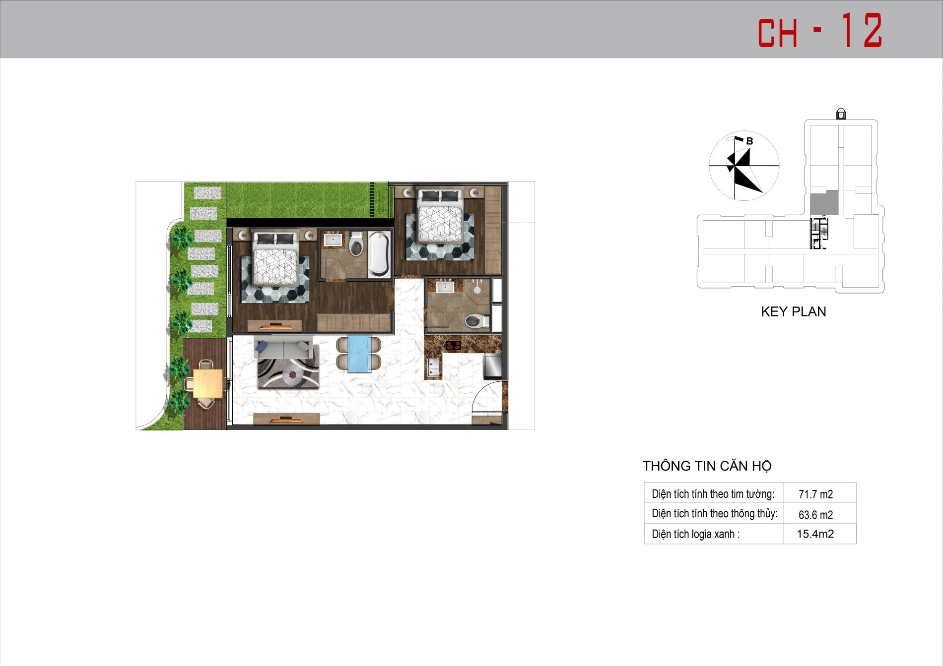 Layout thiết kế căn hộ 12 loại 2 phòng ngủ diện tích 71.7 m2 dự án Sunshine Horizon