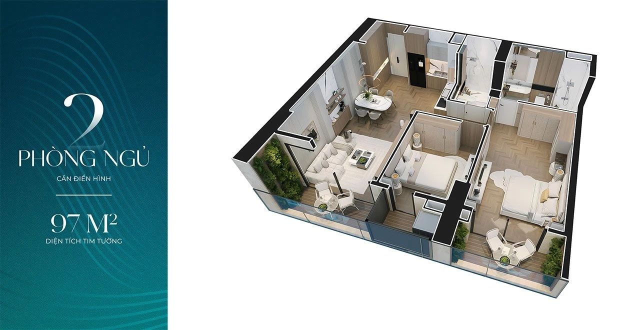 Bản vẽ bóc mái 3D căn hộ 2 phòng ngủ diện tích 97m2 dự án Noble Crystal Riverside