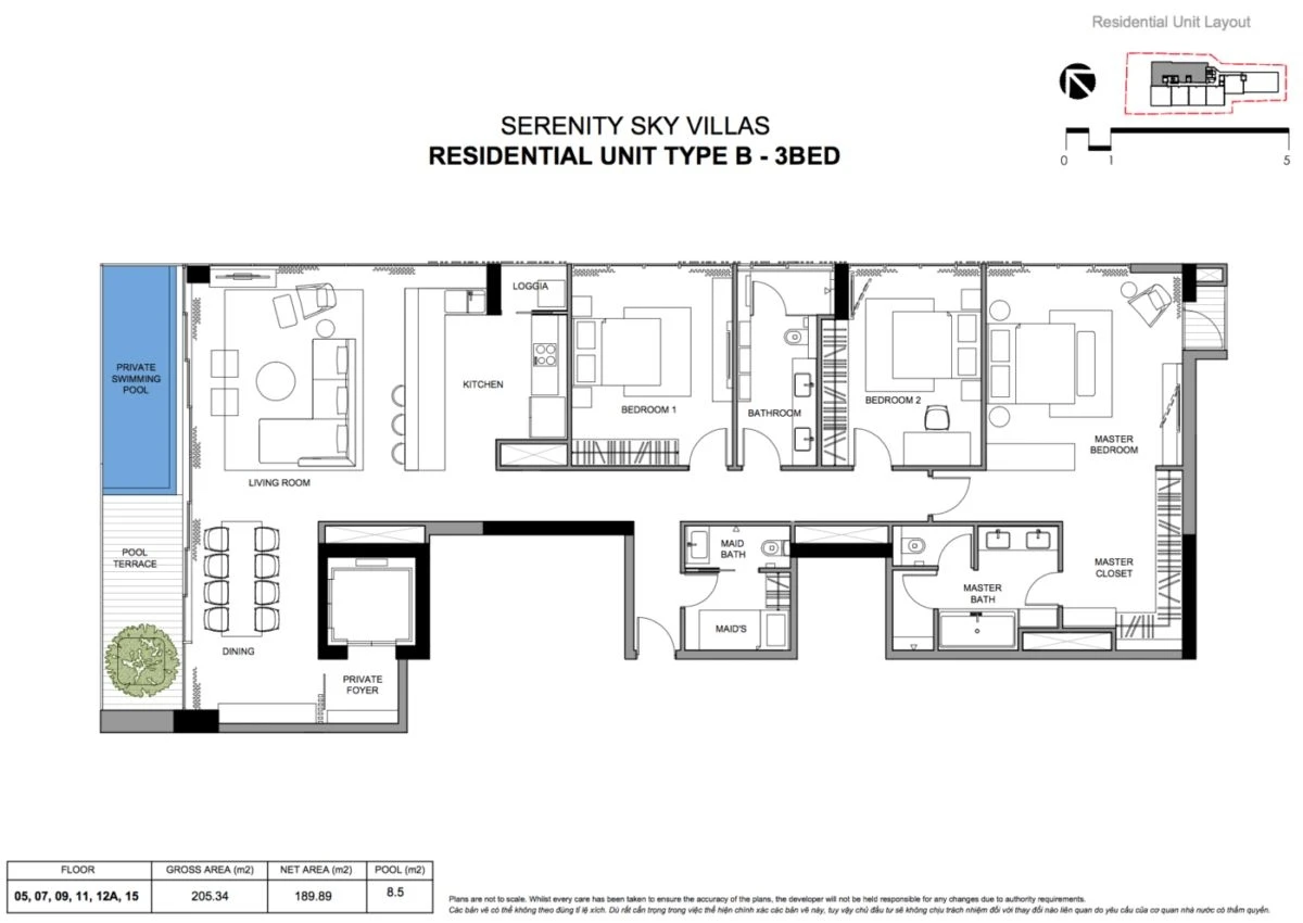 Chi tiết mặt bằng căn hộ 3 phòng ngủ loại B dự án Serenity Sky Villas