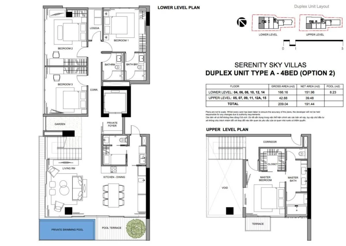 Thiết kế mặt bằng căn hộ Duplex 4 phòng ngủ loại A lựa chọn 2 tại Serenity Sky Villas