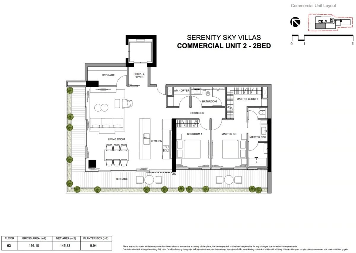 Sơ đồ mặt bằng căn hộ thương mại 2 phòng ngủ dự án Serenity Sky Villas