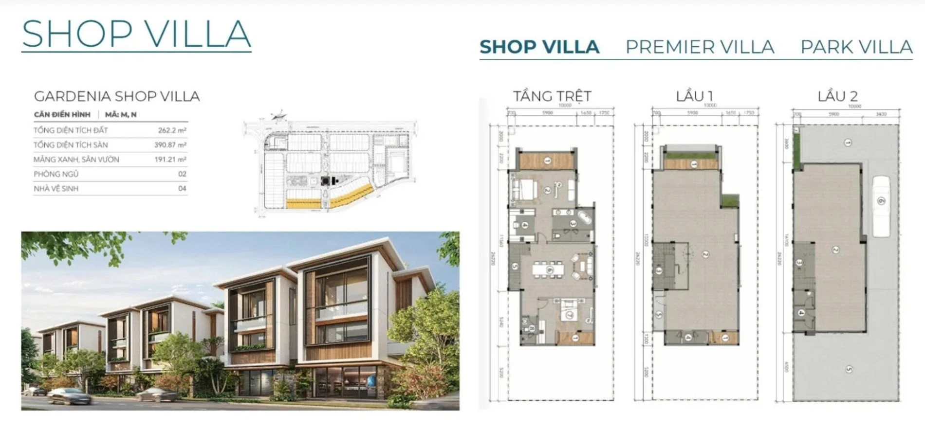Layout chi tiết Gardenia Shop Villa diện tích 262.2m2 tại Lagoona Bình Châu