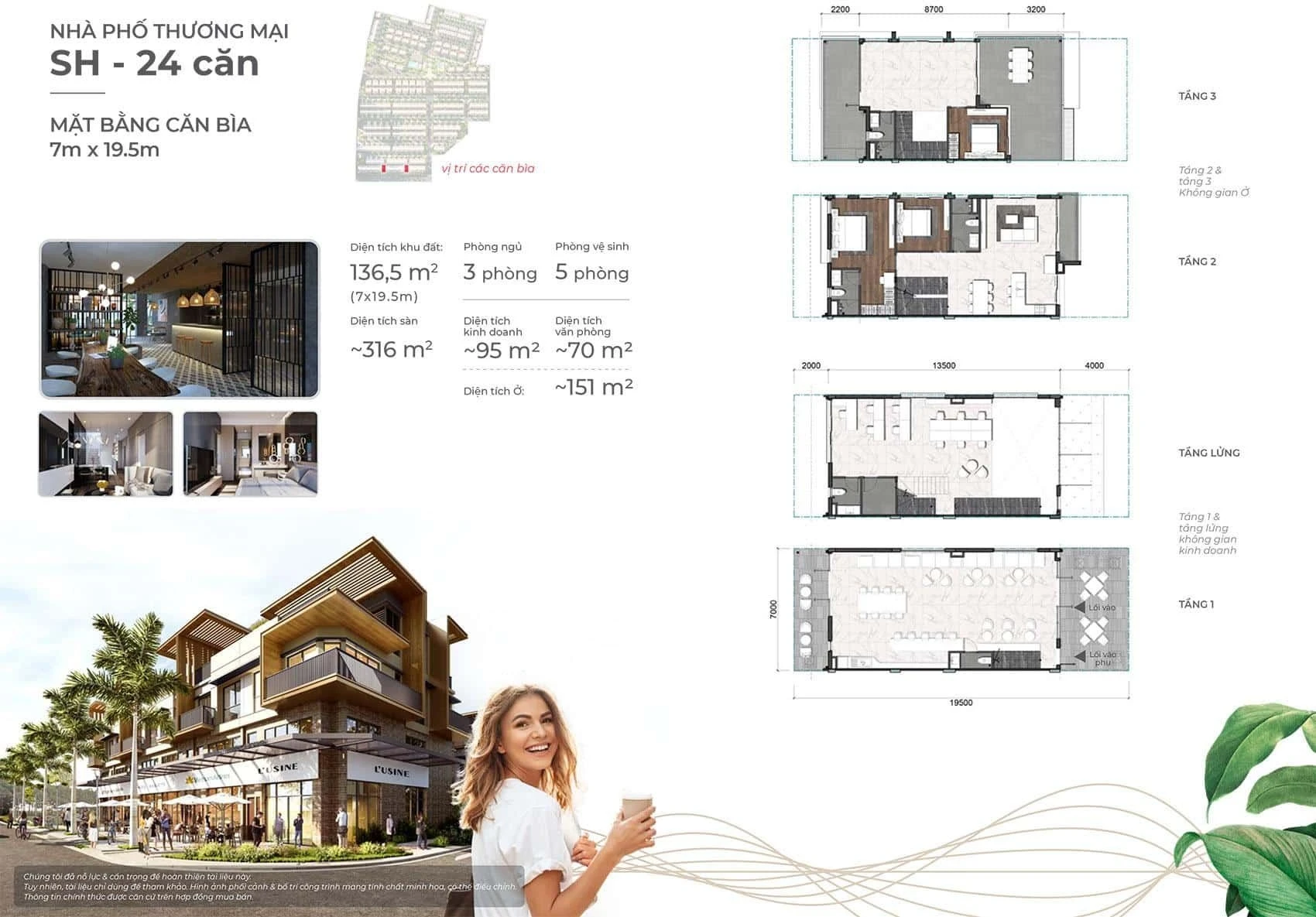 Layout mặt bằng shophouse căn bìa bề ngang 7m tại phân khu Izumi Gardenia