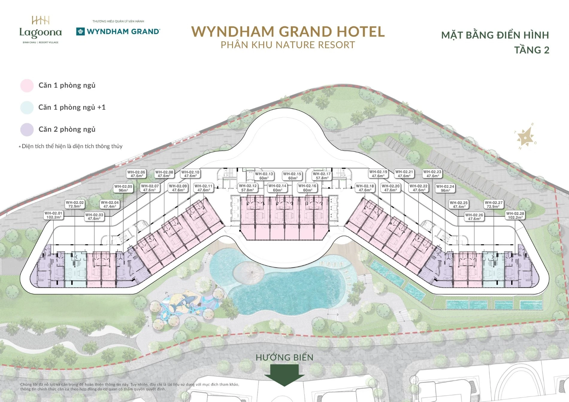 Layout mặt bằng tầng 2 tháp khách sạn Wyndham Grand Hotel Lagoona Bình Châu