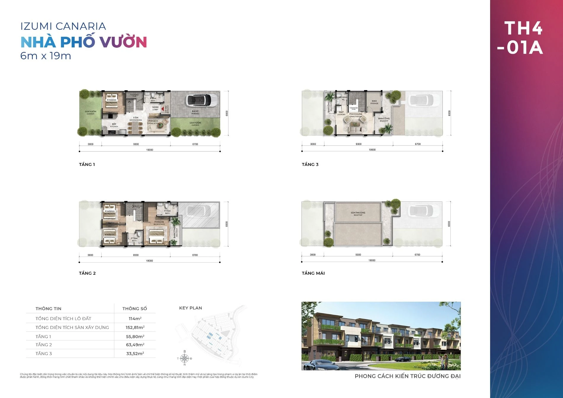 Bản vẽ bố trí công năng các tầng của nhà phố vườn mẫu TH4-01A tại Izumi Canaria
