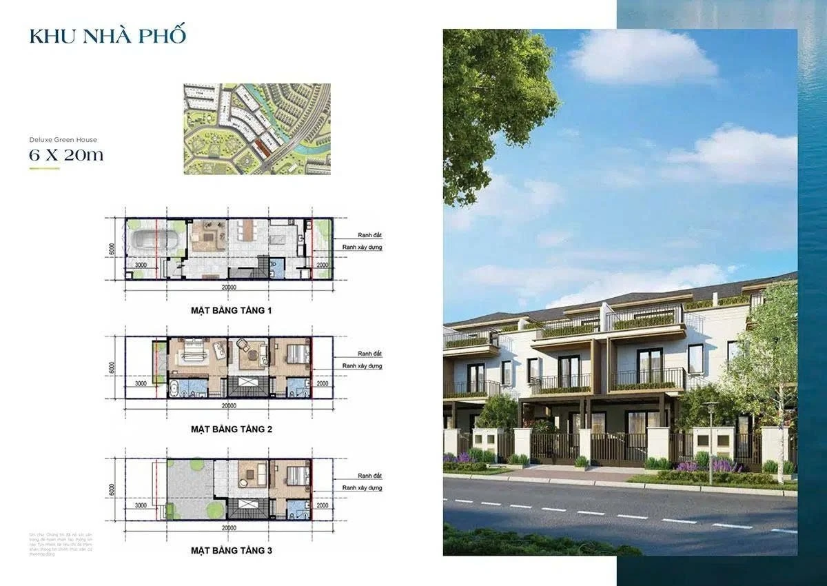 Mặt bằng nhà phố Deluxe Green House 6x20m Sun Harbor 2 Aqua City