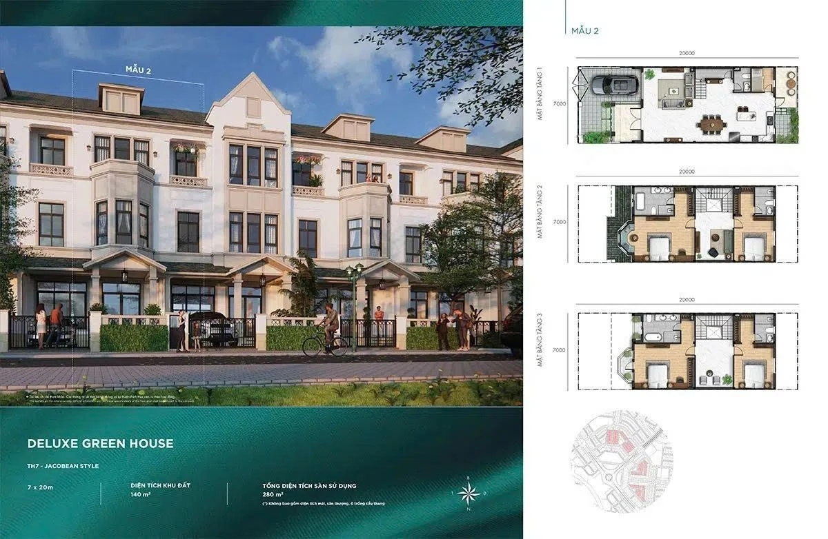 Mặt bằng nhà phố Deluxe Green House 7x20m phong cách Jacobean mẫu 2