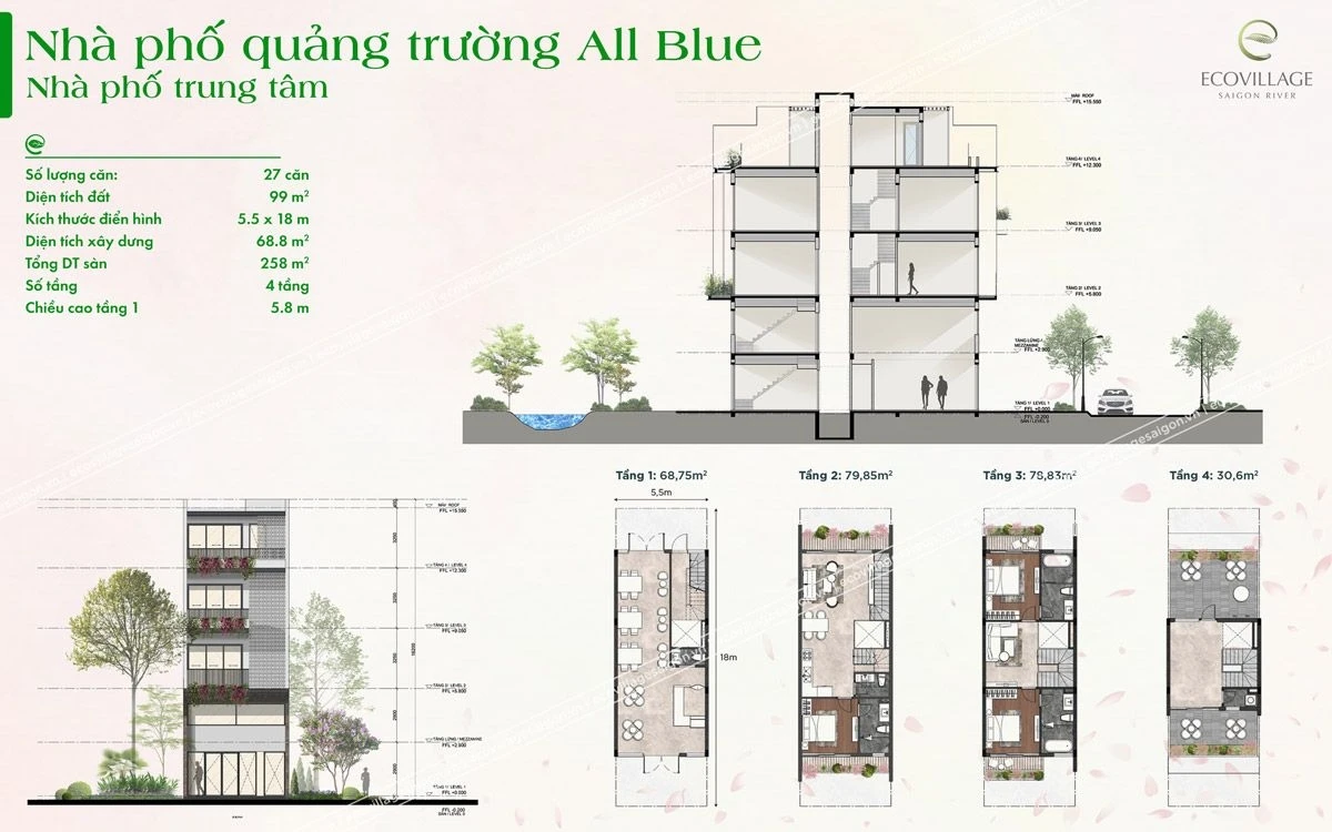 Bản vẽ mặt cắt và layout các tầng của nhà phố trung tâm quảng trường All Blue