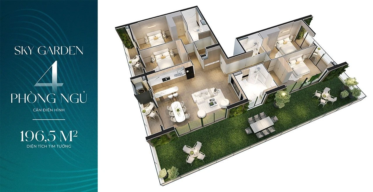 Bản vẽ bóc mái 3D căn hộ Sky Garden 4 phòng ngủ diện tích 196.5m2