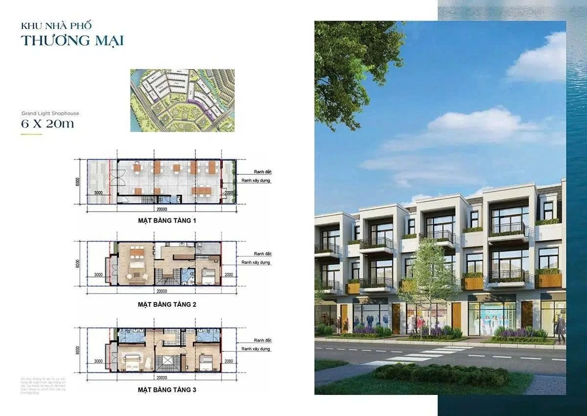 Mặt bằng thiết kế shophouse 6x20m phân khu Sun Harbor 2 Aqua City
