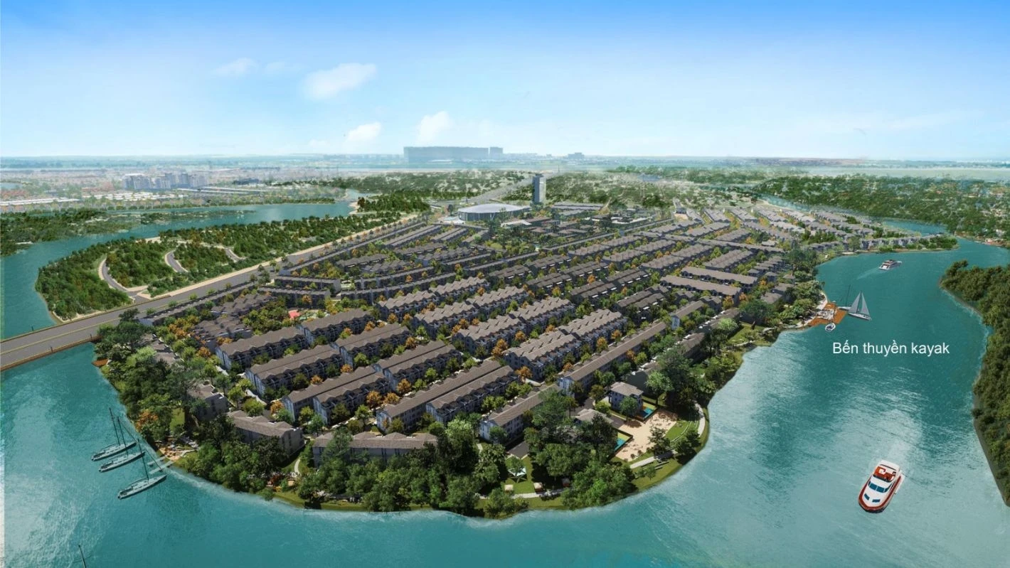 Cảnh quan sông nước tự nhiên và bến thuyền kayak tại Phân khu River Park 2 Aqua City.