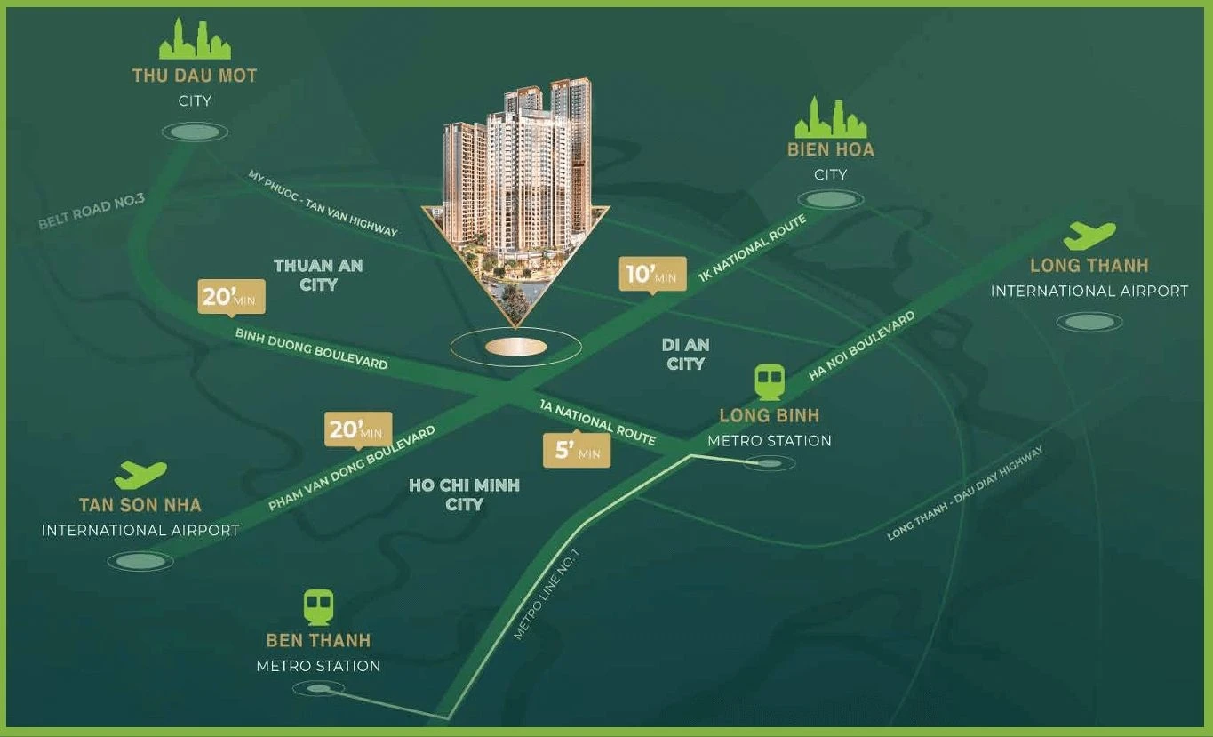 Sơ đồ thời gian di chuyển từ dự án Green Skyline đến sân bay Tân Sơn Nhất, ga Metro và trung tâm TP.HCM
