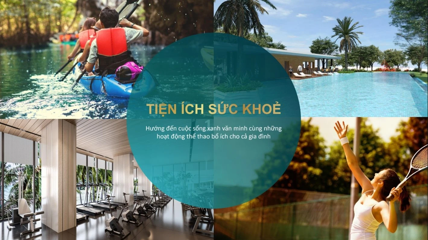 Các tiện ích rèn luyện sức khỏe như chèo thuyền kayak, phòng gym, hồ bơi và sân tennis tại Aqua City