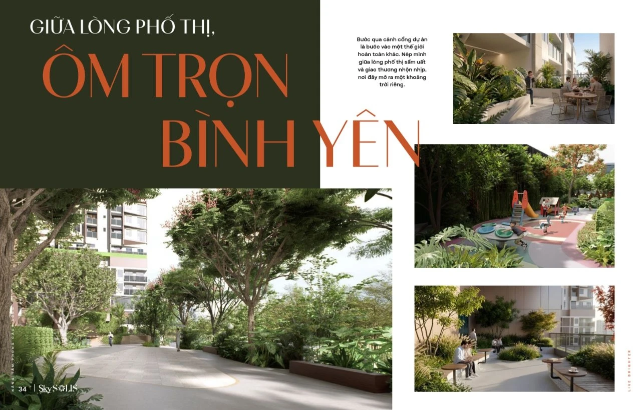 Khuôn viên cây xanh và khu vui chơi trẻ em ngoài trời tại SkySolis Lái Thiêu