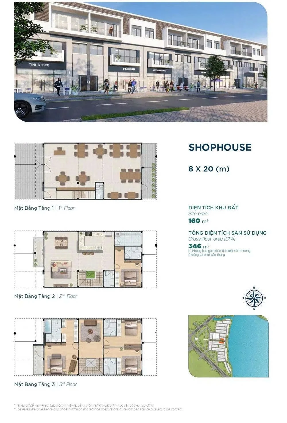 Bản vẽ layout mặt bằng shophouse diện tích 8x20m tại phân khu Sun Harbor 3 Aqua City