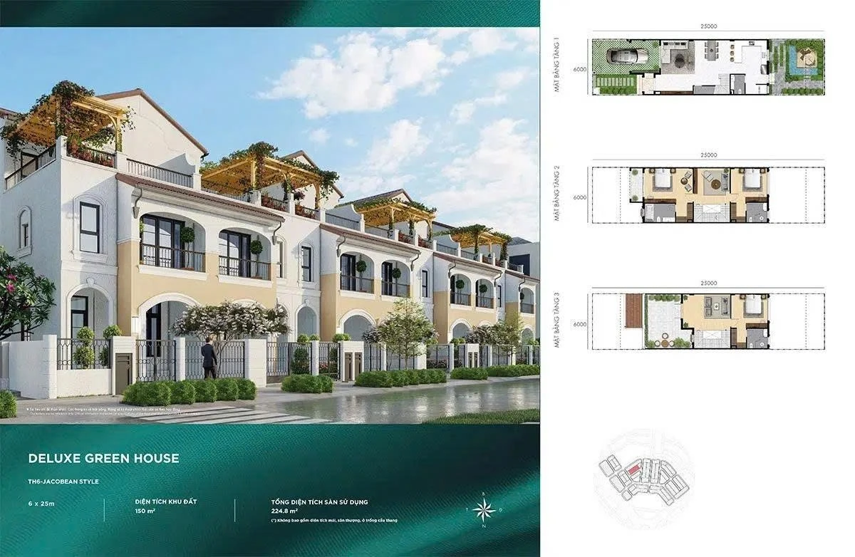 Mặt bằng nhà phố Deluxe Green House 6x25m phong cách Jacobean