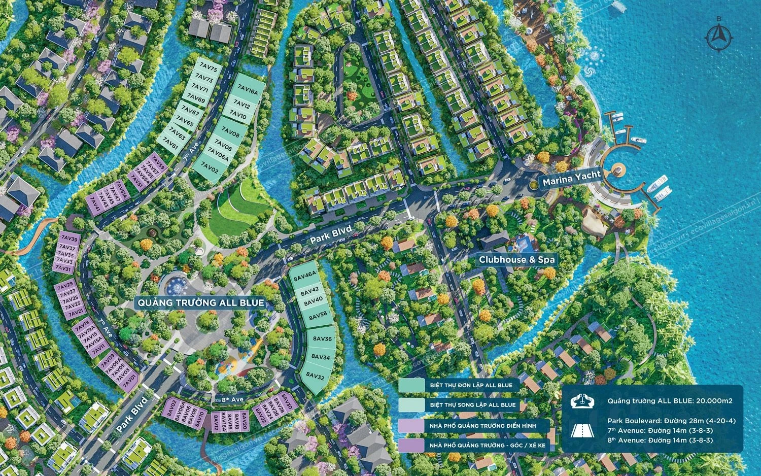Bản đồ quy hoạch phân khu All Blue với quảng trường trung tâm rộng 20.000m2 tại Eco Village Saigon River