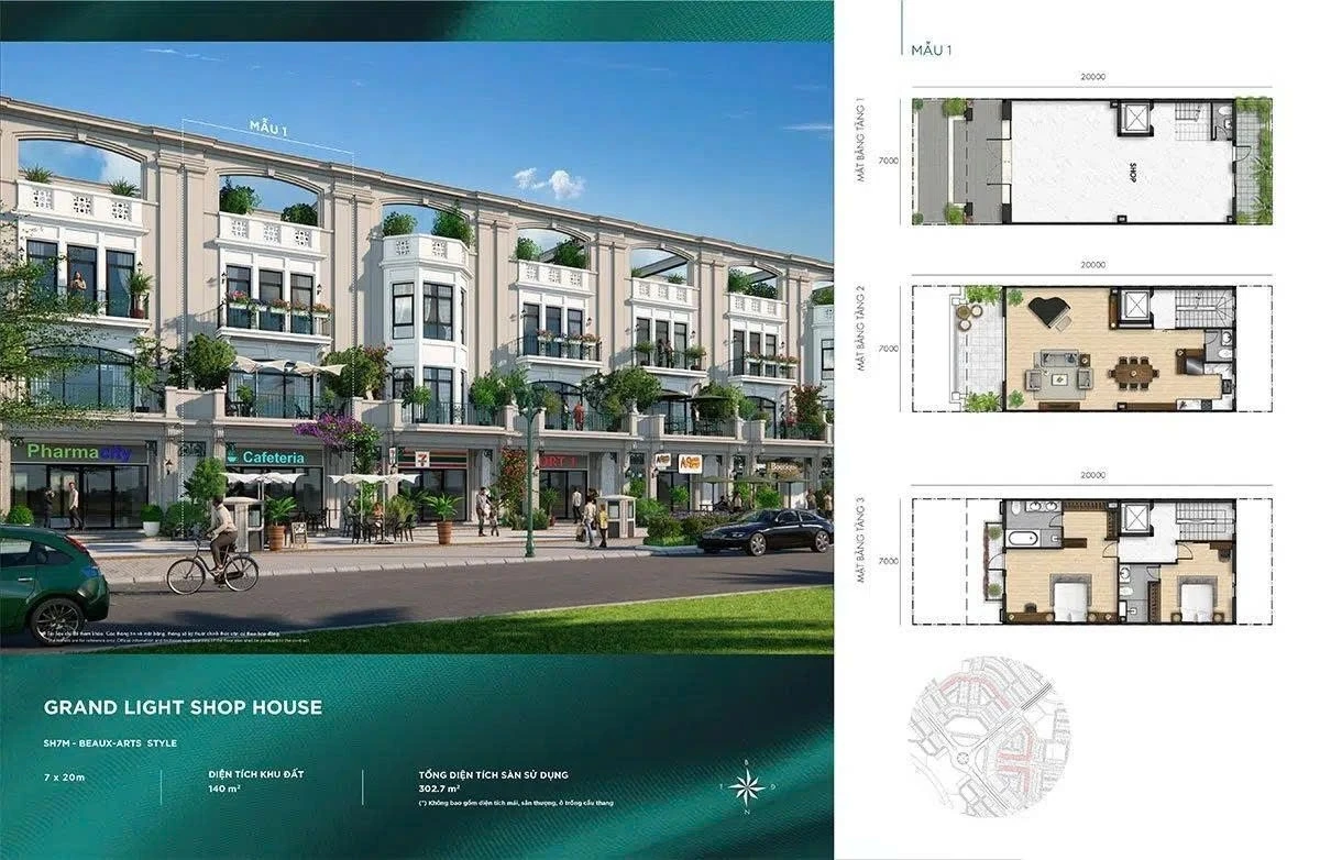Mặt bằng shophouse Grand Light 7x20m phong cách Beaux-Arts mẫu 1