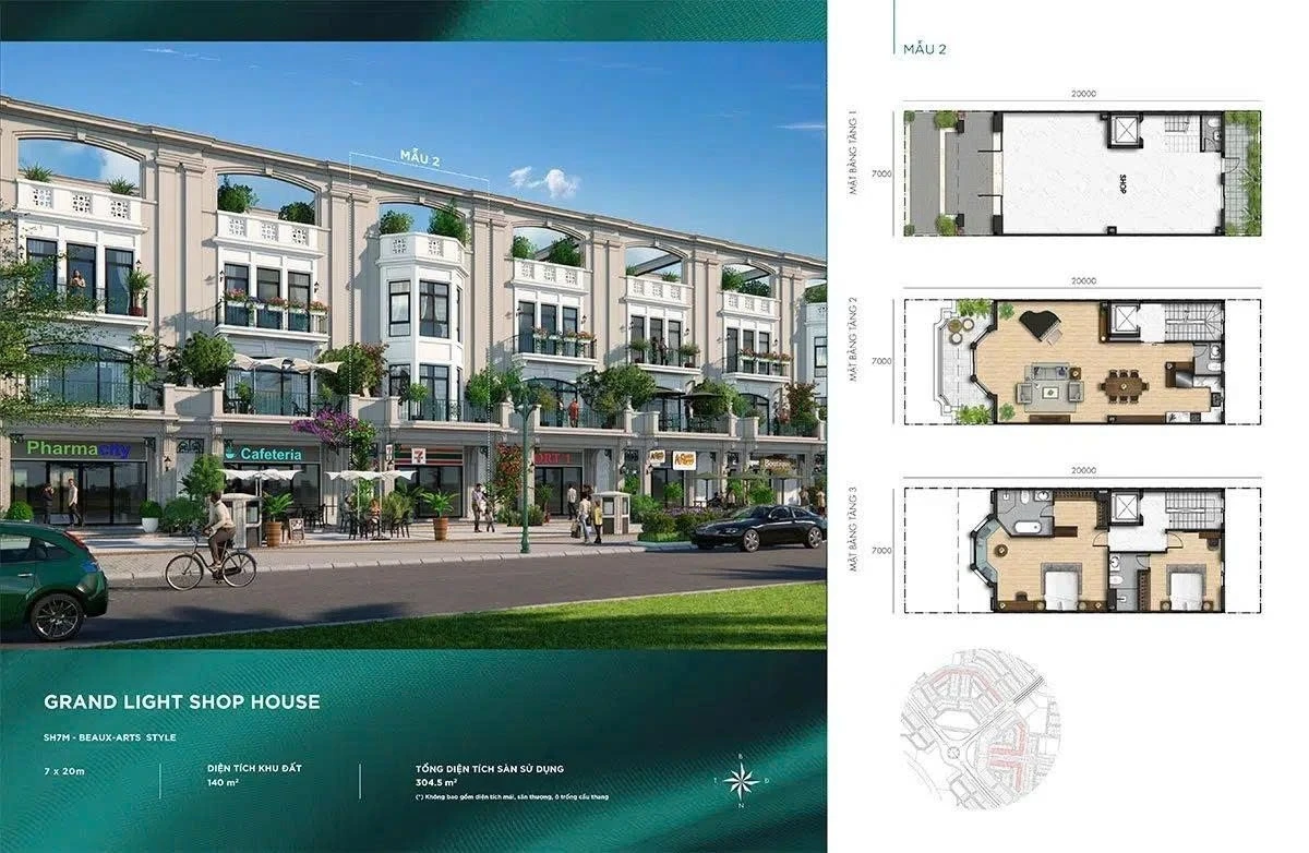 Mặt bằng shophouse Grand Light 7x20m phong cách Beaux-Arts mẫu 2