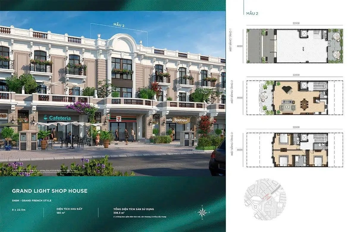 Mặt bằng shophouse Grand Light 8x22.5m phong cách French Style mẫu 2