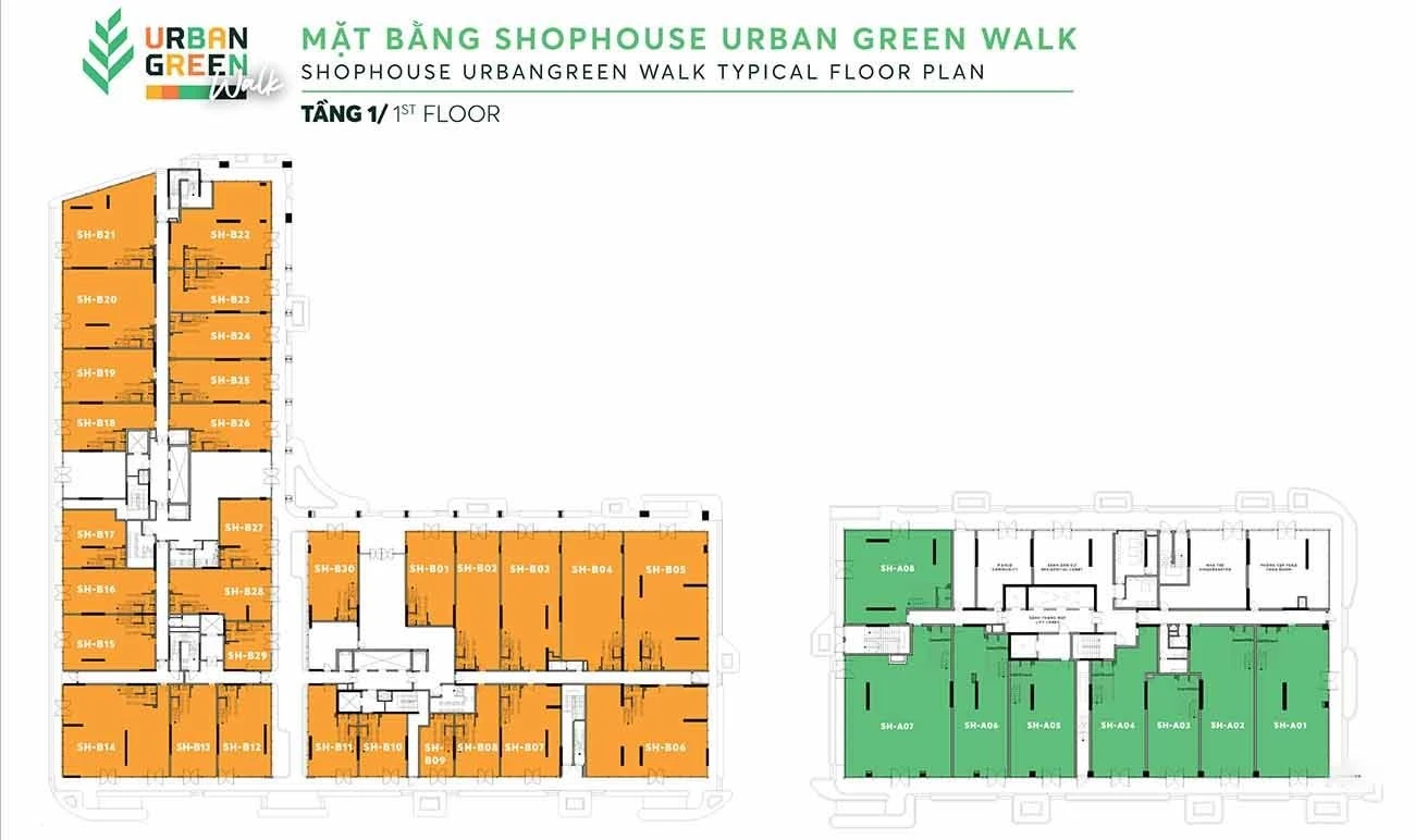 Bản vẽ quy hoạch mặt bằng shophouse khối đế tầng 1 tại dự án Urban Green
