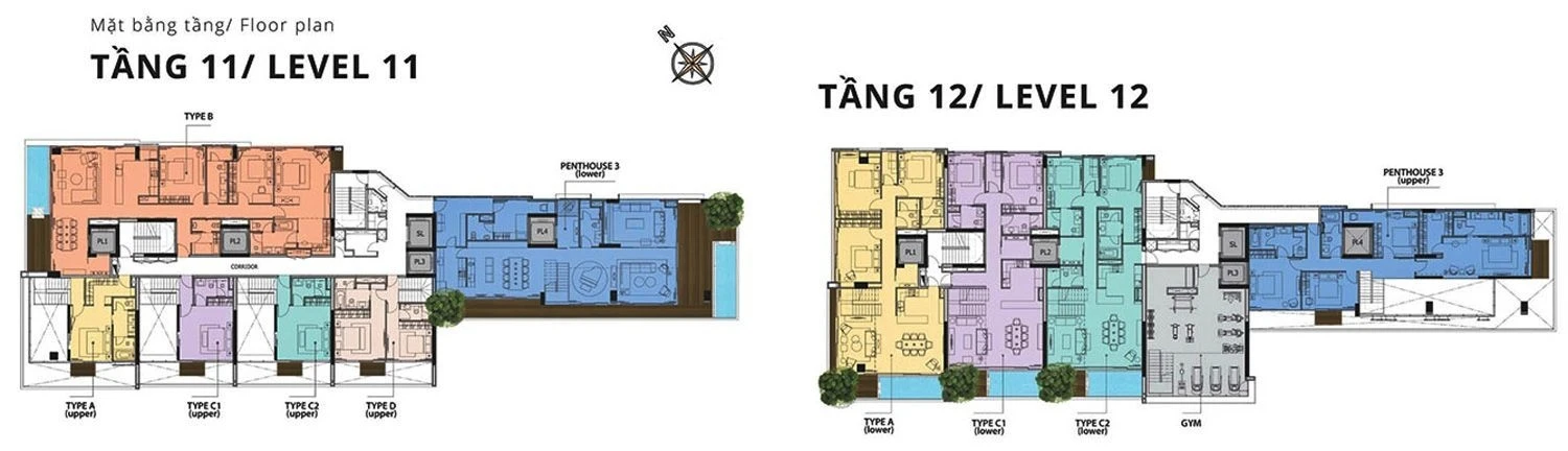 Sơ đồ mặt bằng tầng 11 và 12 dự án Serenity Sky Villas với thiết kế tối ưu không gian