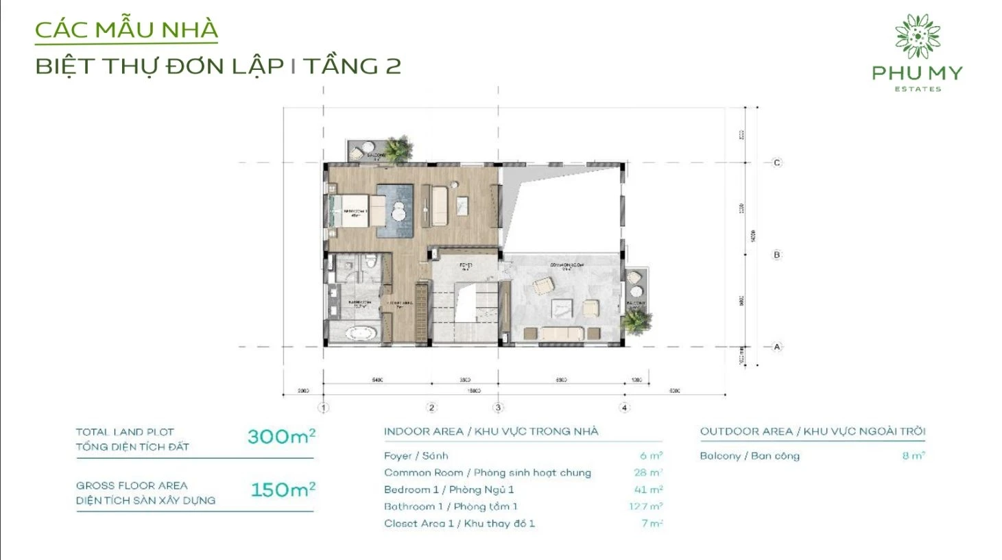 Thiết kế không gian tầng 2 biệt thự đơn lập Phú Mỹ Estates