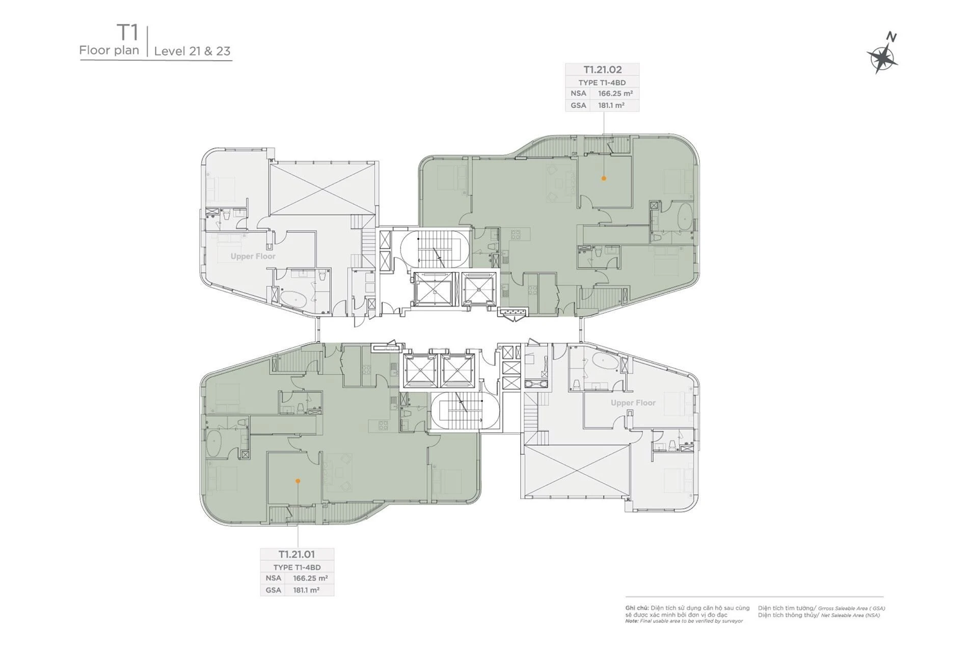 Bản vẽ mặt bằng tầng 21 và 23 tháp T1 dự án Thủ Thiêm Zeit River
