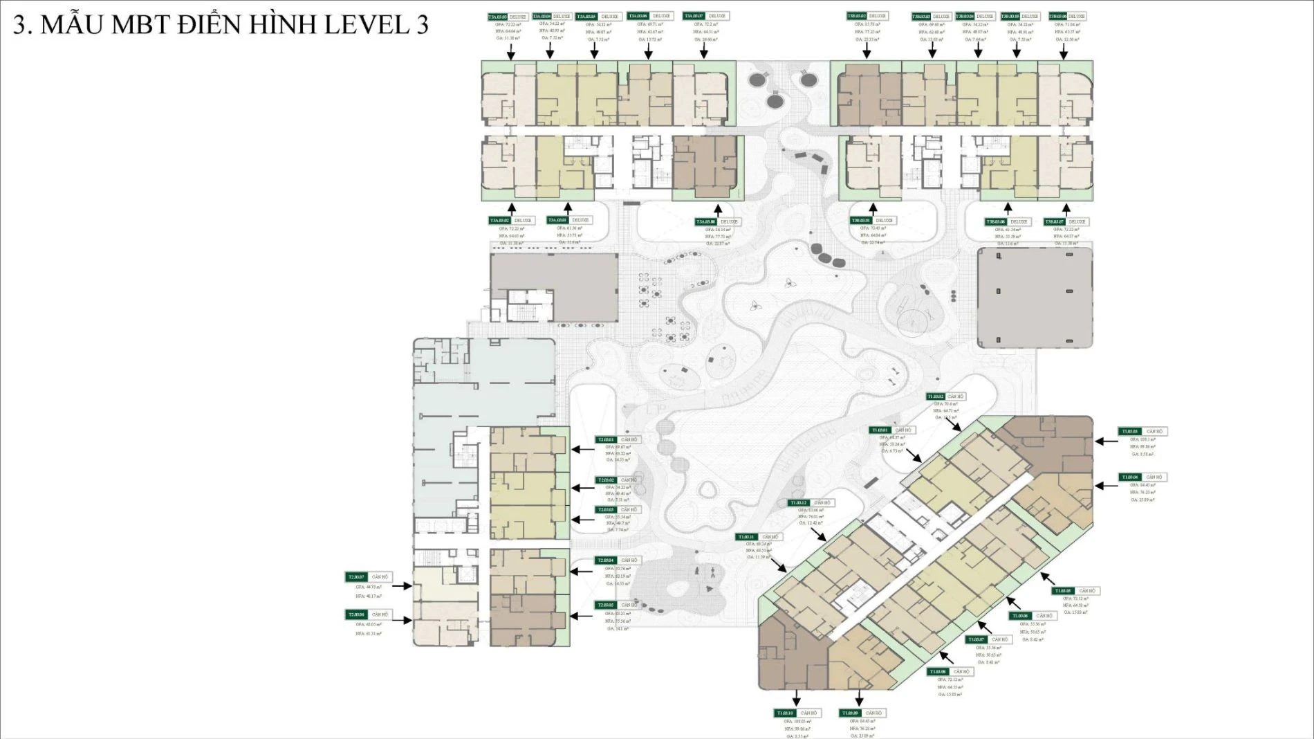 Sơ đồ mặt bằng tầng 3 dự án Green Skyline thể hiện quy hoạch tiện ích hồ bơi và cảnh quan
