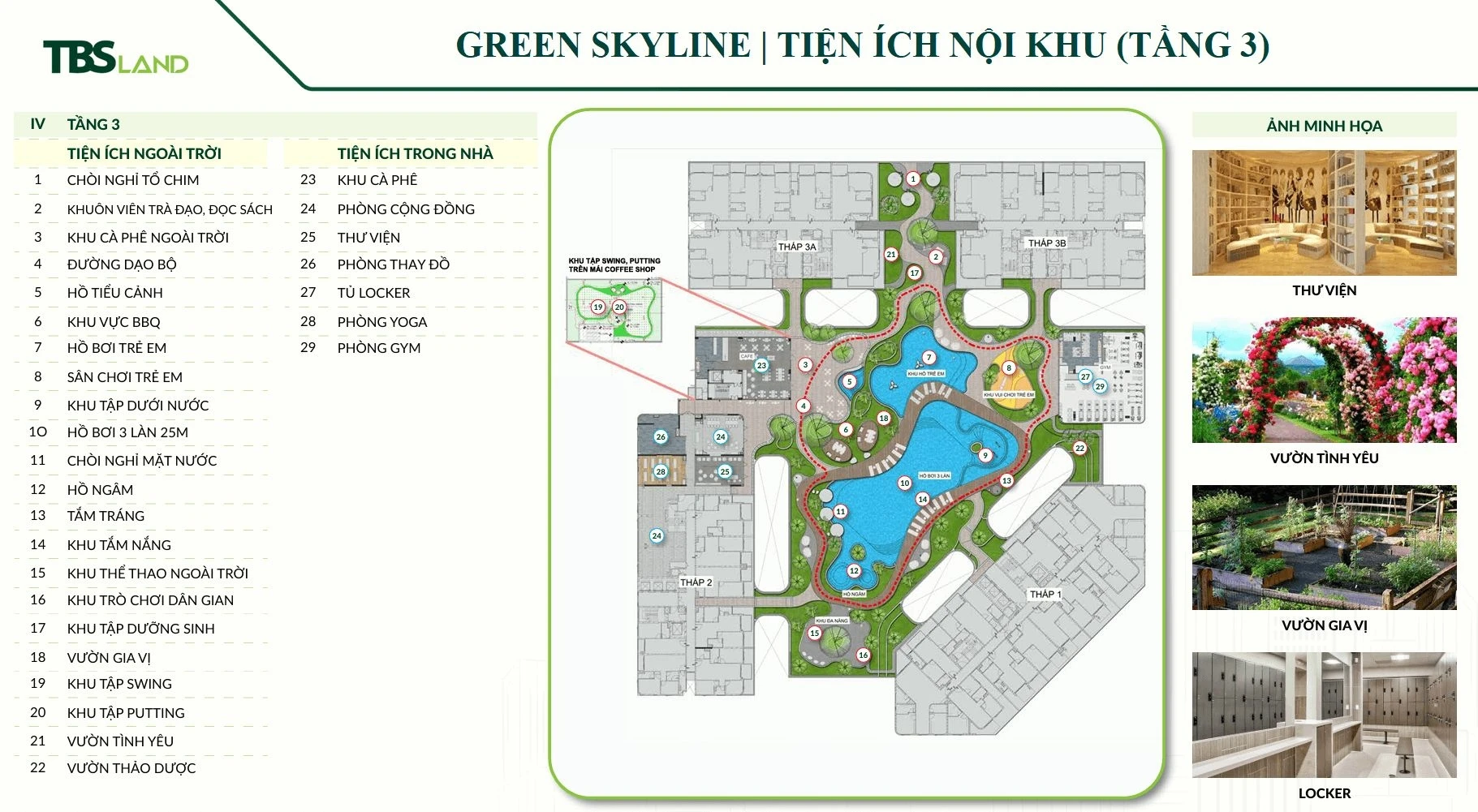Sơ đồ bố trí tiện ích tầng 3 với tổ hợp hồ bơi và cảnh quan ngoài trời