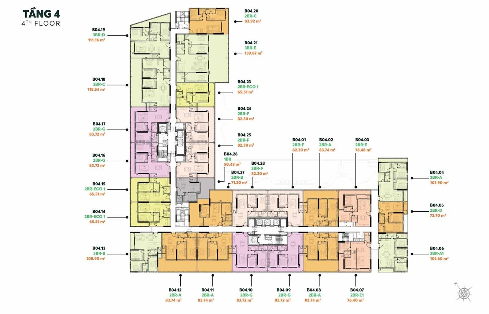 Sơ đồ layout mặt bằng tầng 4 tháp The Bliss dự án Urban Green