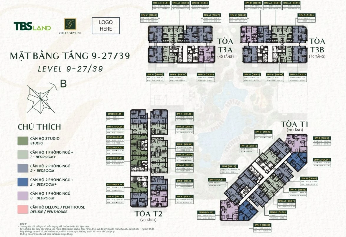 Sơ đồ bố trí căn hộ trên mặt bằng tầng cao từ tầng 9 đến 39 dự án Green Skyline