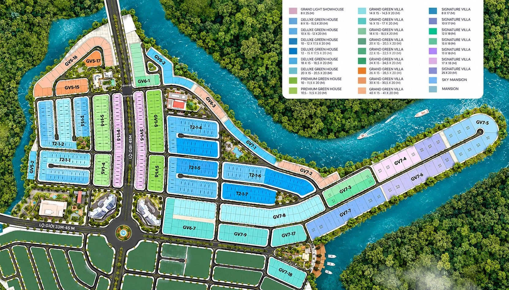 Sơ đồ mặt bằng tổng thể phân khu Ever Green 2 tại dự án Aqua City thể hiện quy hoạch bàn cờ và hệ thống tiện ích ven sông