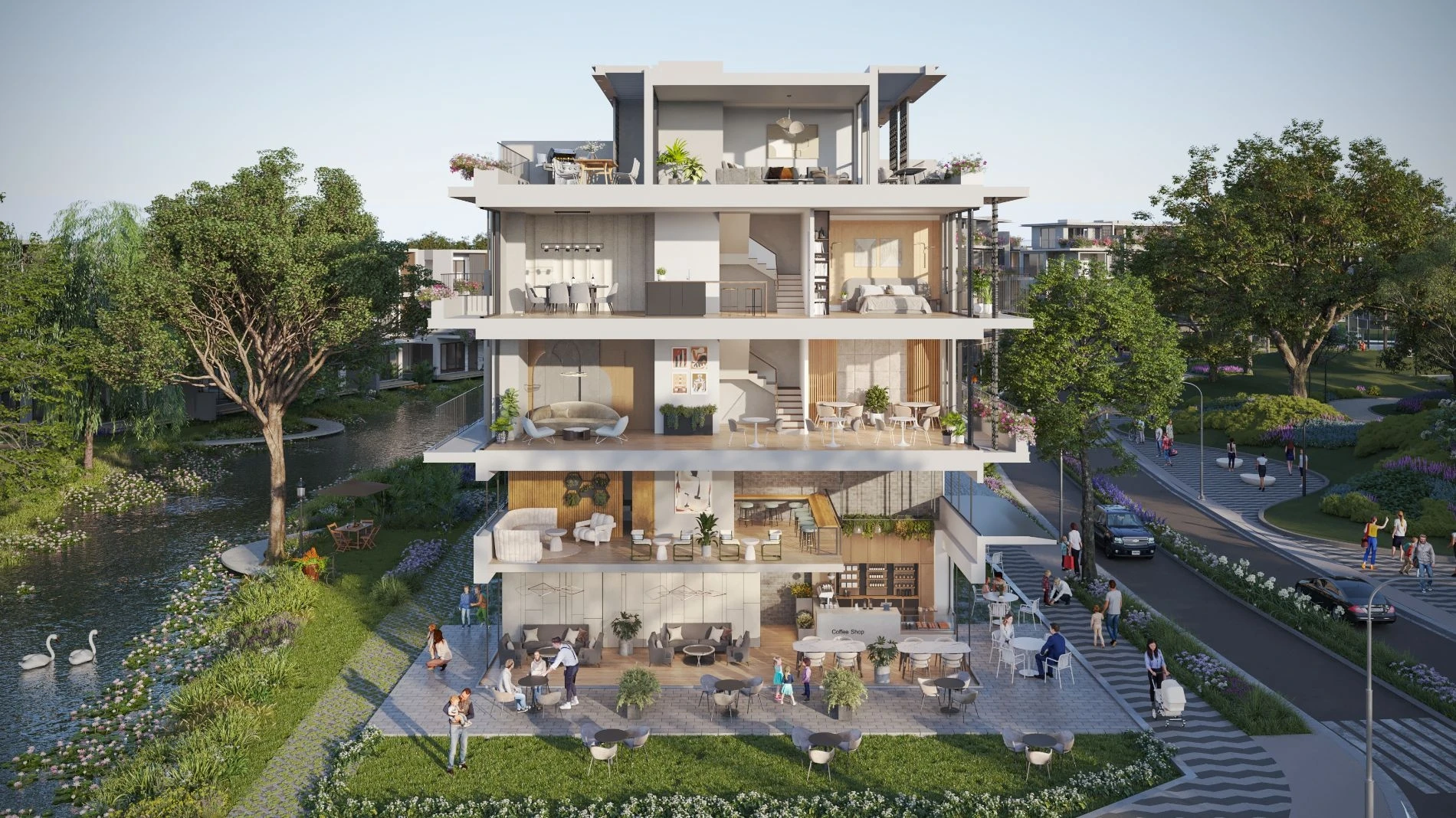 Mặt cắt thiết kế không gian đa công năng nhà phố góc All Blue Eco Village Saigon River