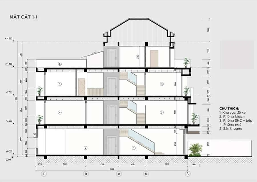 Sơ đồ mặt cắt kỹ thuật chi tiết của mẫu nhà phố mái thái 3 tầng 1 tum